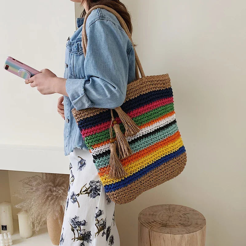 Sac cabas de plage multicolore à rayures, zippé et doublé