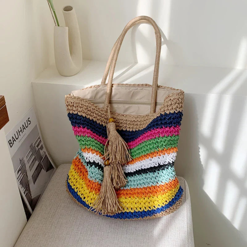 Sac cabas de plage multicolore à rayures, zippé et doublé