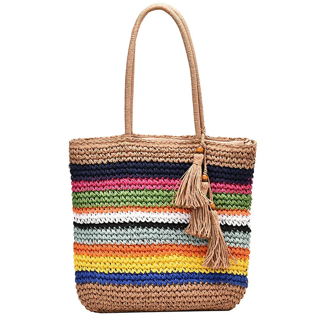 Sac cabas de plage multicolore à rayures, zippé et doublé, multicolore