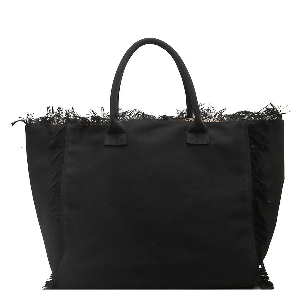 Sac cabas de plage femme en toile, poche zippée, 46 x 28 cm, noir