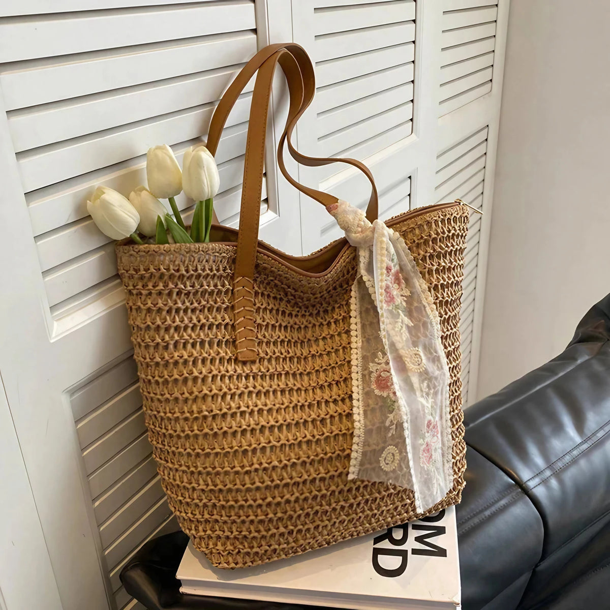 Sac cabas en paille femme, anses en similicuir, zippé, beige