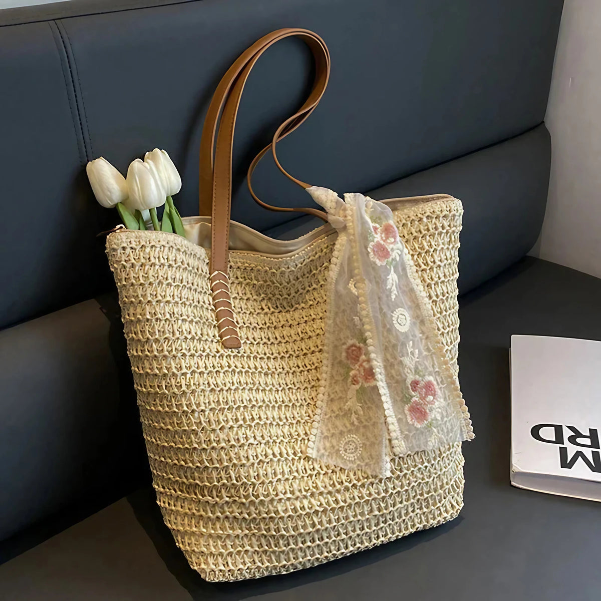 Sac cabas en paille femme, anses en similicuir, zippé, crème