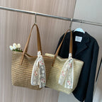 Sac cabas en paille femme, anses en similicuir, zippé
