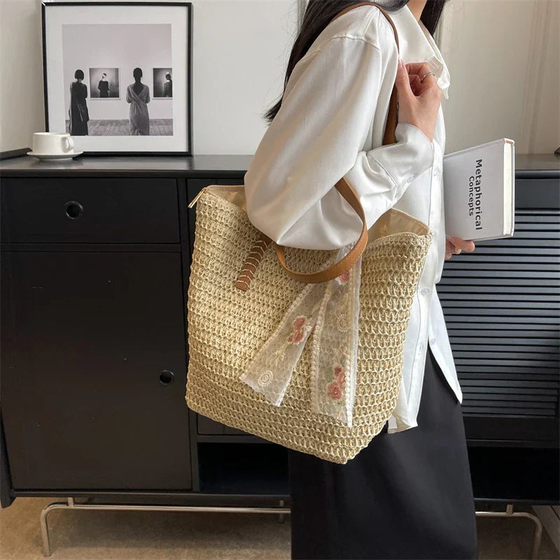 Sac cabas en paille femme, anses en similicuir, zippé