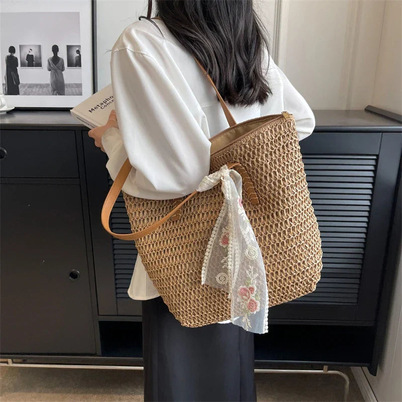Sac cabas en paille femme, anses en similicuir, zippé