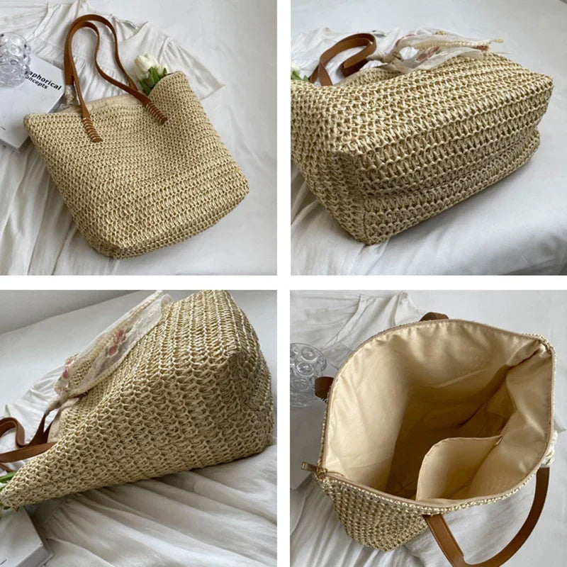 Sac cabas en paille femme, anses en similicuir, zippé