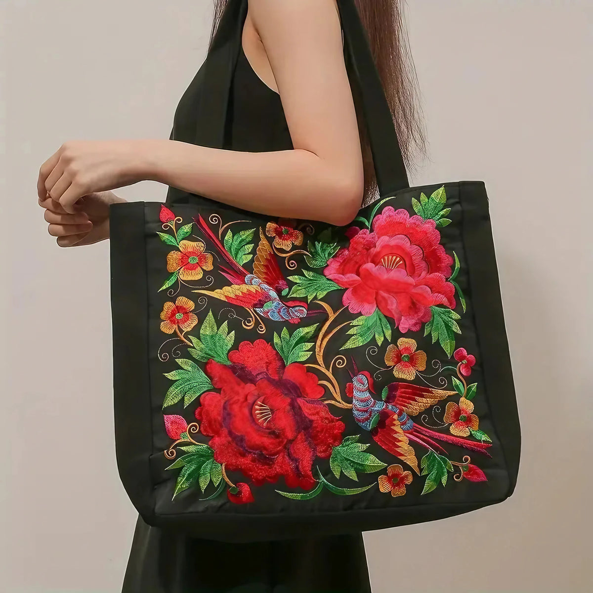 Sac cabas en toile brodé de fleurs et d'oiseaux, neuf motifs