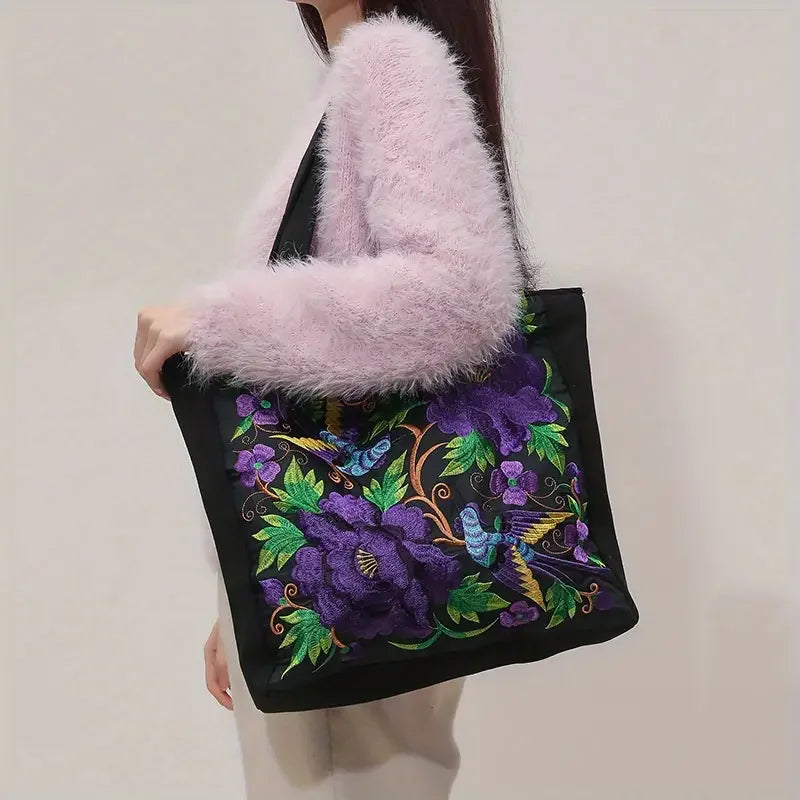 Sac cabas en toile brodé de fleurs et d'oiseaux, neuf motifs
