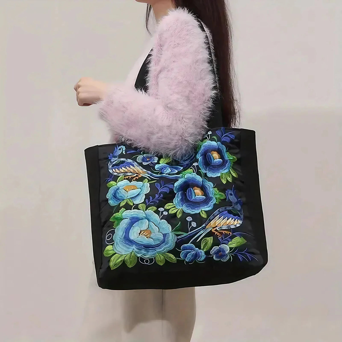 Sac cabas en toile brodé de fleurs et d'oiseaux, neuf motifs