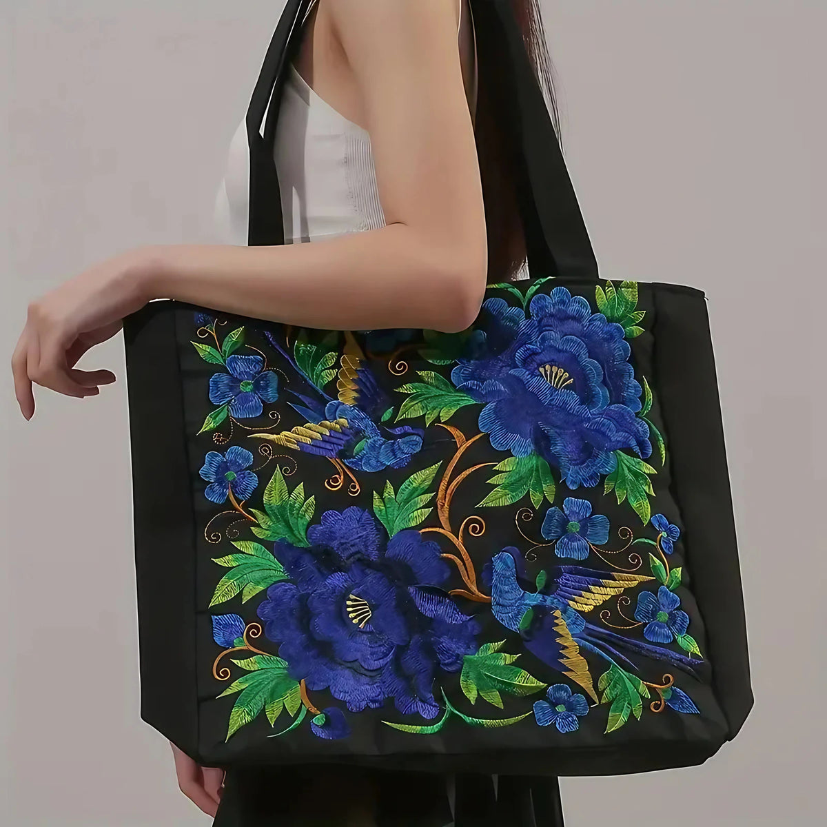 Sac cabas en toile brodé de fleurs et d'oiseaux, neuf motifs
