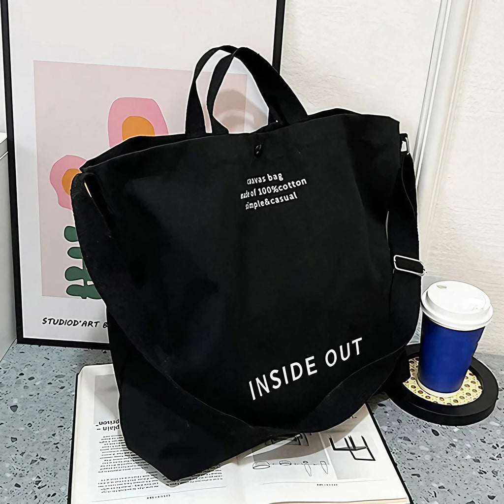 Sac cabas en toile de coton, bandoulière réglable, 41 x 32 cm, noir