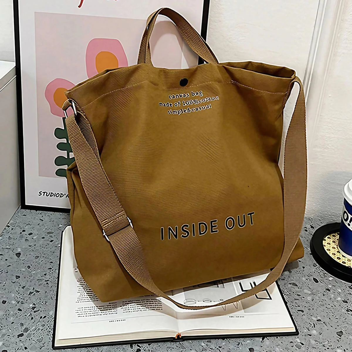 Sac cabas en toile de coton, bandoulière réglable, 41 x 32 cm, marron