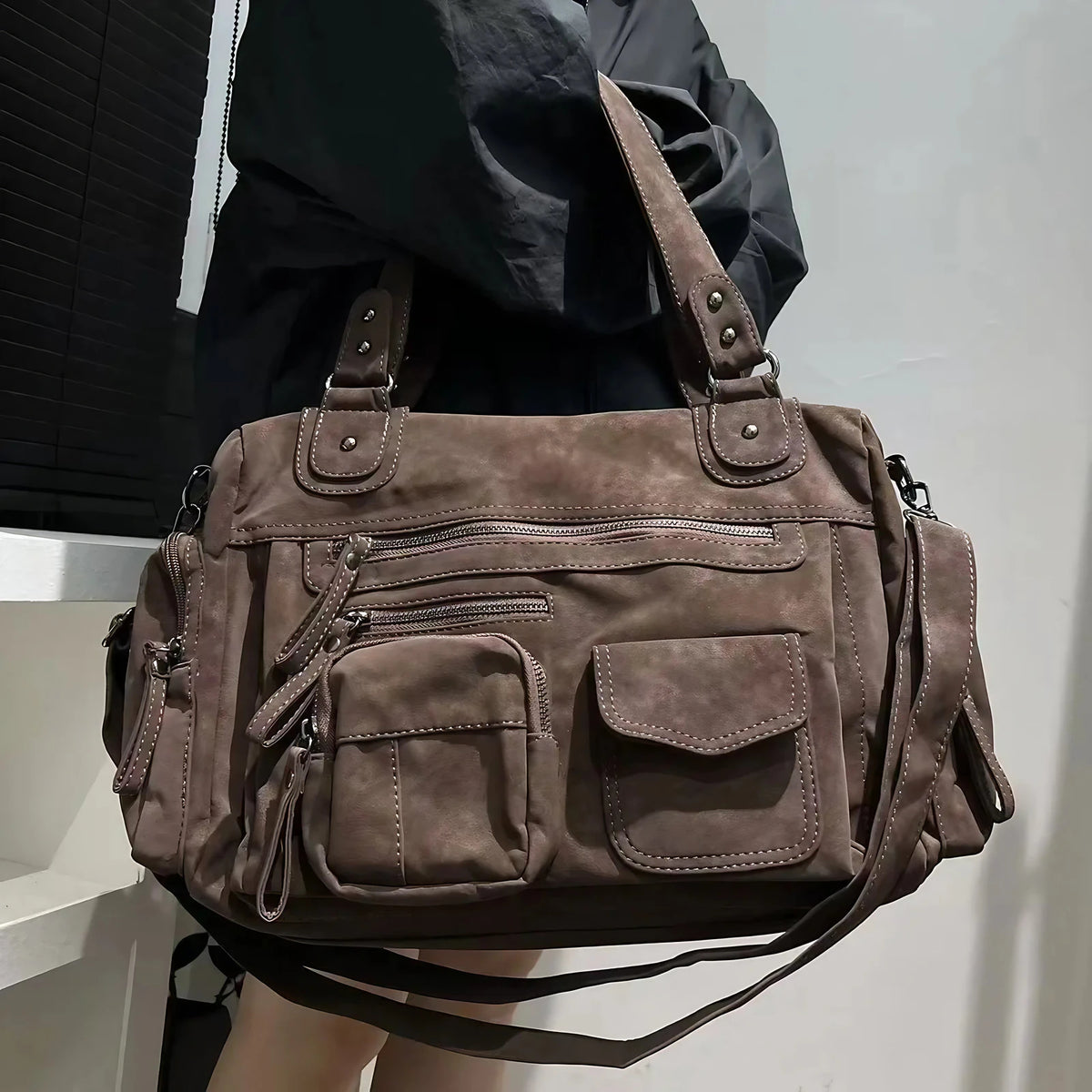 Sac cabas femme en similicuir effet daim, marron, marron