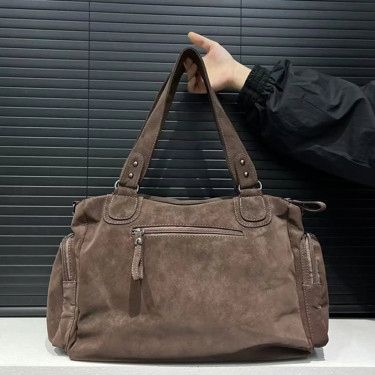 Sac cabas femme en similicuir effet daim, marron