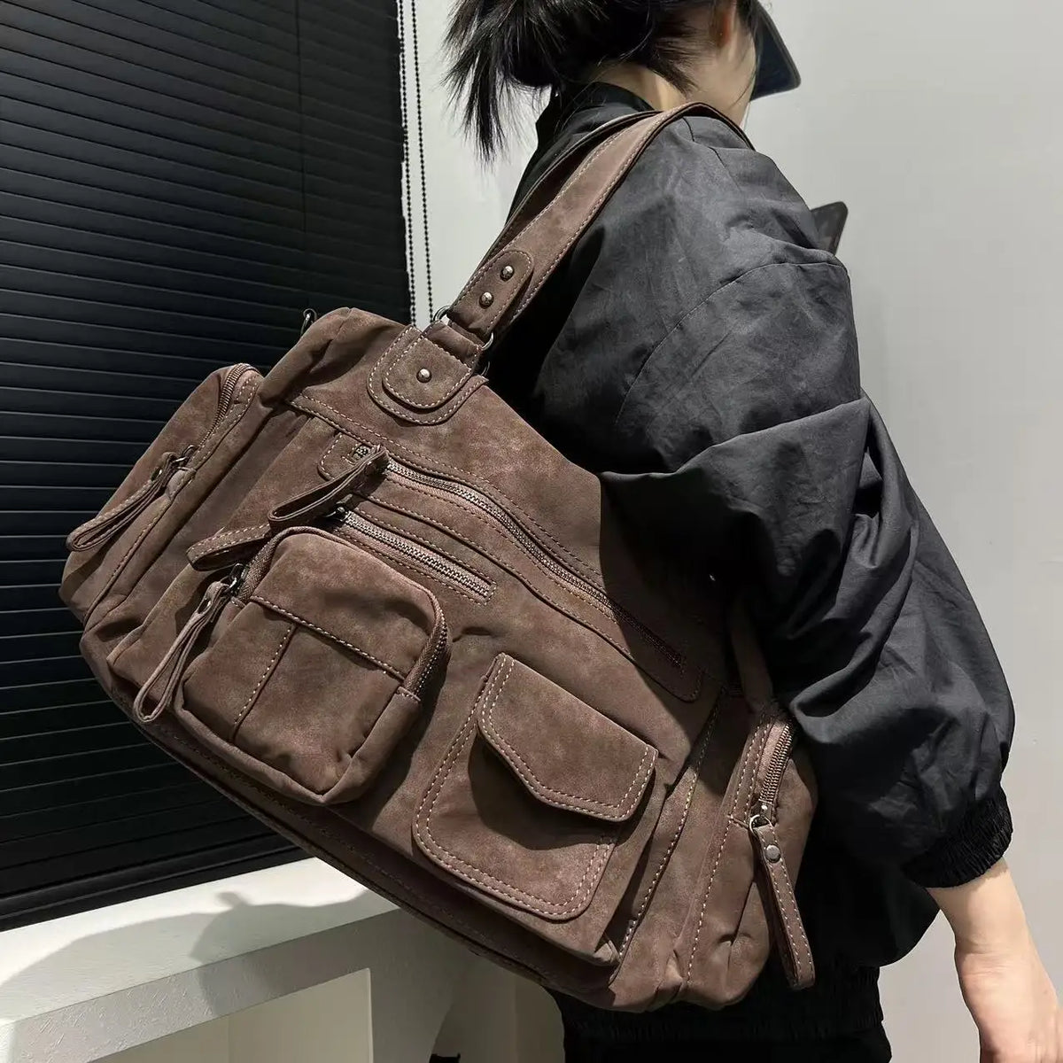 Sac cabas femme en similicuir effet daim, marron