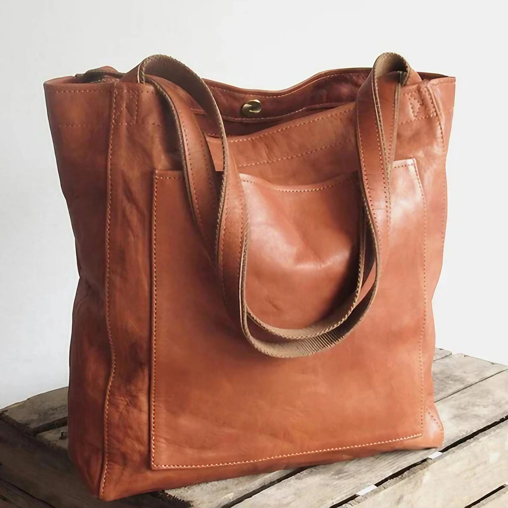 Sac cabas femme en similicuir effet ciré, fermeture aimantée, camel