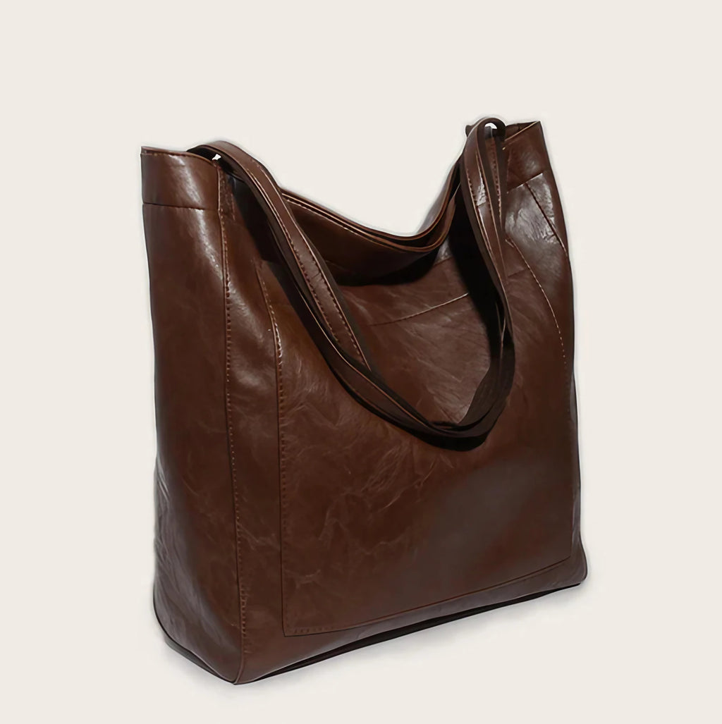 Sac cabas femme en similicuir effet ciré, fermeture aimantée, café