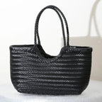 Sac cabas tressé femme porté épaule, pochon intérieur amovible, noir
