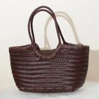 Sac cabas tressé femme porté épaule, pochon intérieur amovible, café