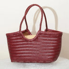 Sac cabas tressé femme porté épaule, pochon intérieur amovible, rouge foncé