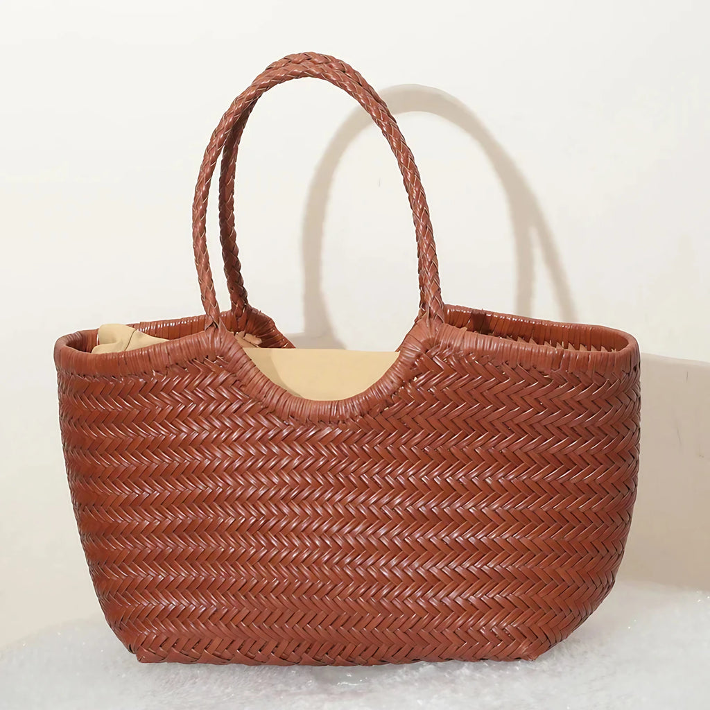 Sac cabas tressé femme porté épaule, pochon intérieur amovible, marron