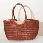 Sac cabas tressé femme porté épaule, pochon intérieur amovible, marron