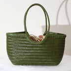 Sac cabas tressé femme porté épaule, pochon intérieur amovible, vert