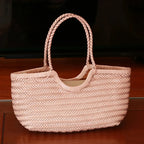 Sac cabas tressé femme porté épaule, pochon intérieur amovible, rose