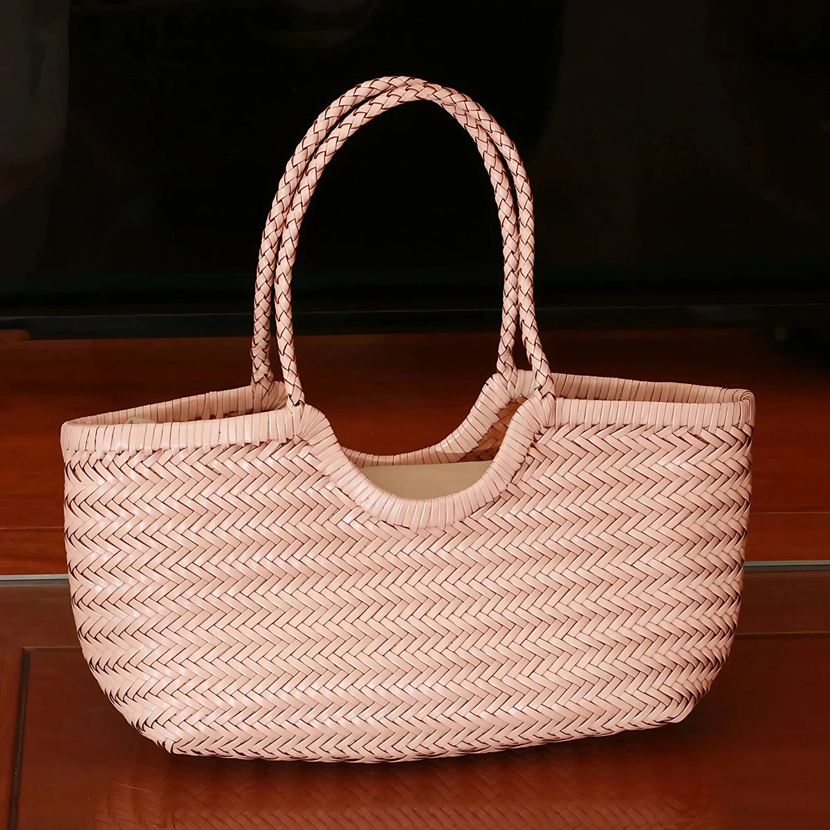 Sac cabas tressé femme porté épaule, pochon intérieur amovible, rose