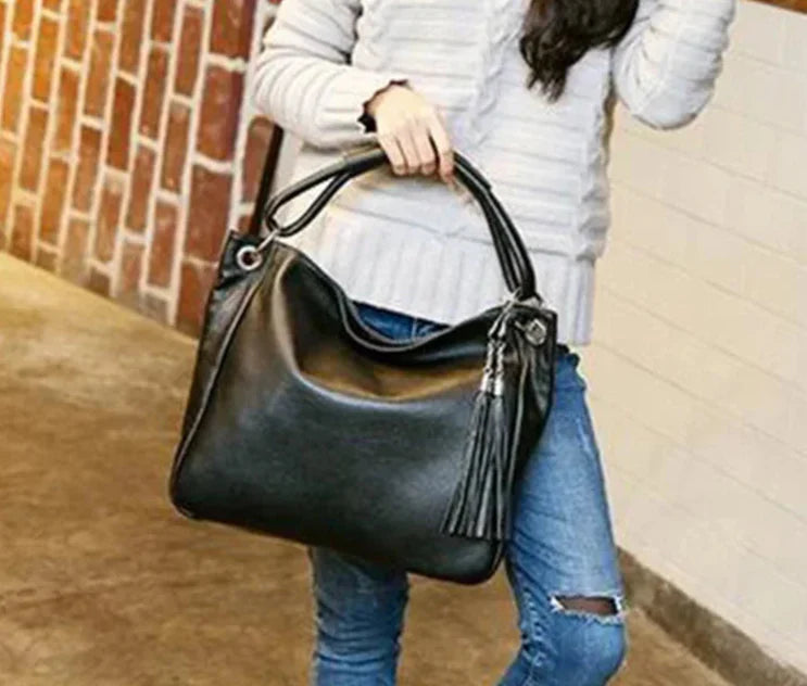 Sac cabas femme en cuir à pompon, ordinateur 15,6 pouces