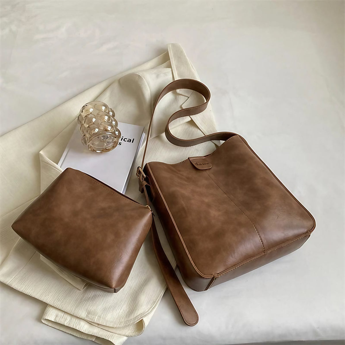 Sac fourre-tout femme en similicuir à bandoulière réglable, 27 cm, kaki