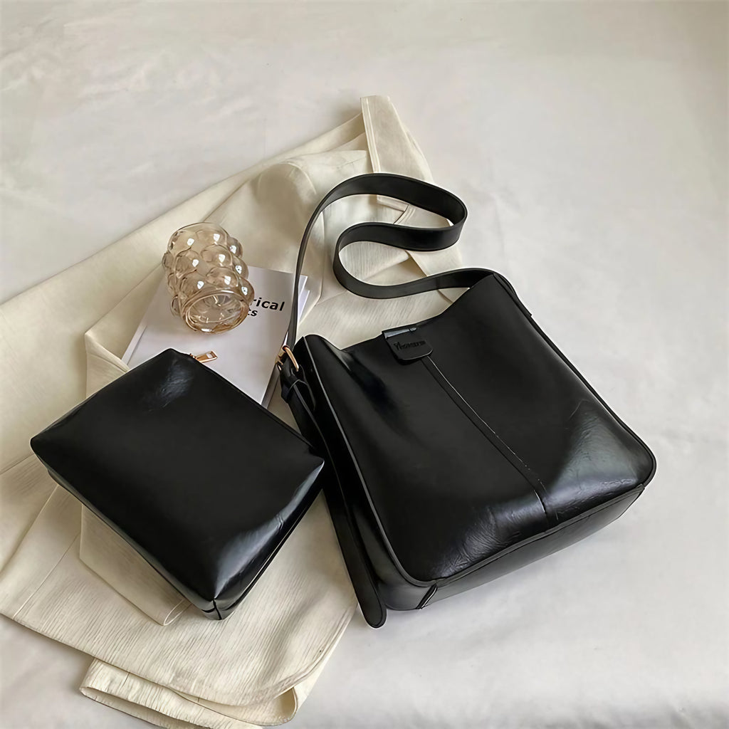 Sac fourre-tout femme en similicuir à bandoulière réglable, 27 cm, noir