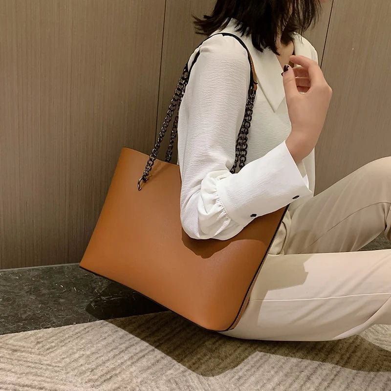 Sac cabas femme en similicuir, bandoulière à chaîne, zippé