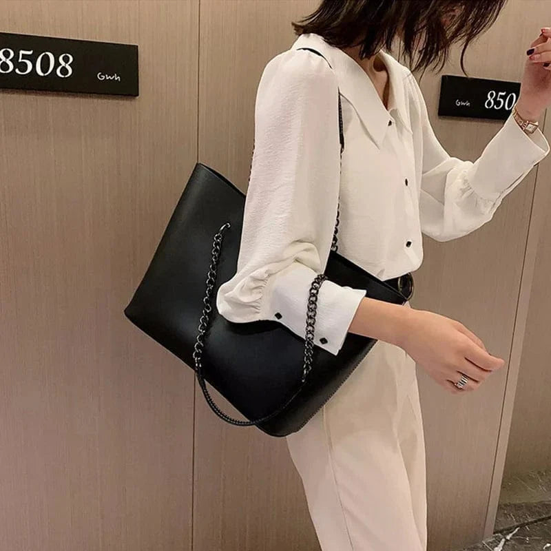 Sac cabas femme en similicuir, bandoulière à chaîne, zippé