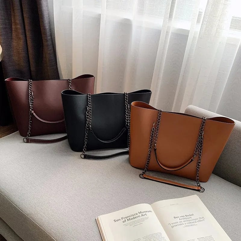 Sac cabas femme en similicuir, bandoulière à chaîne, zippé