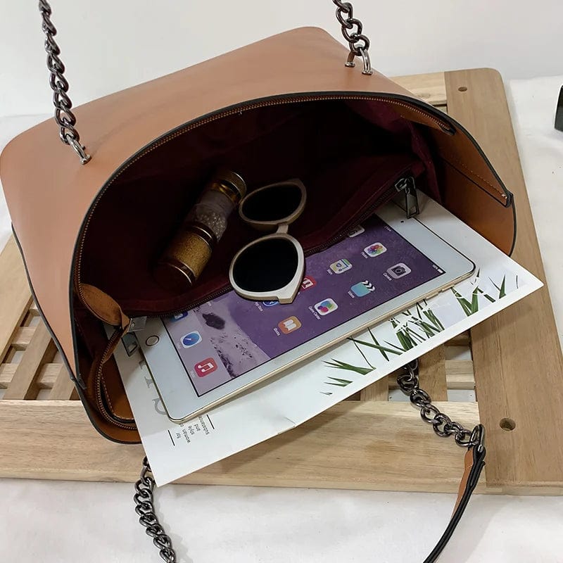 Sac cabas femme en similicuir, bandoulière à chaîne, zippé
