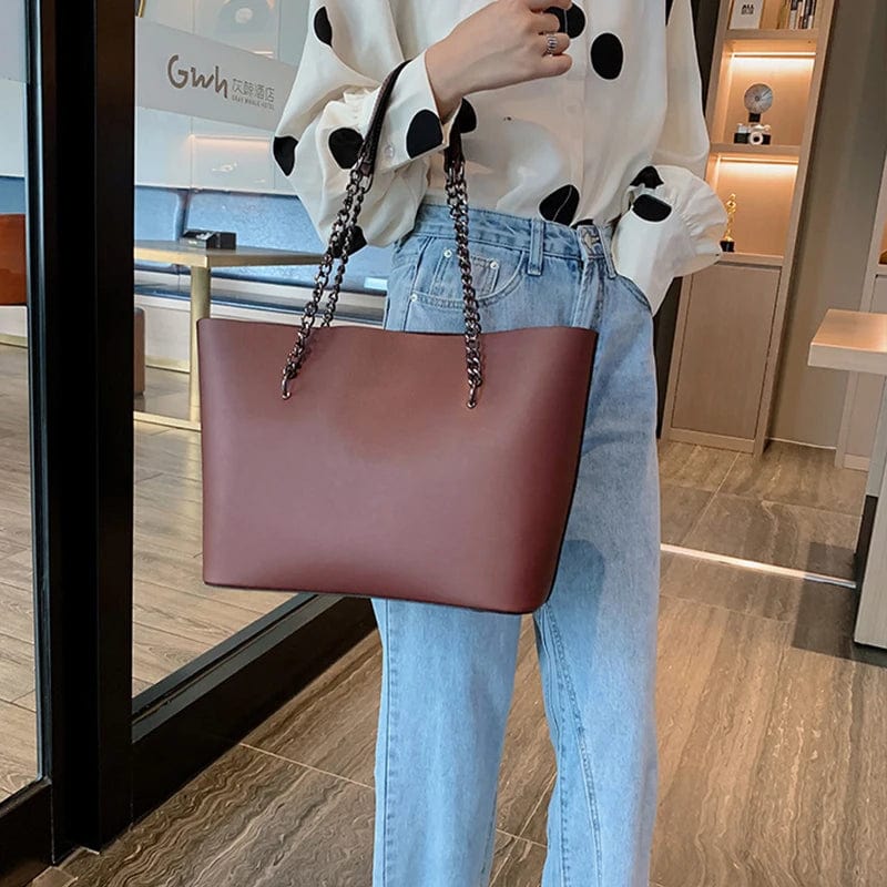 Sac cabas femme en similicuir, bandoulière à chaîne, zippé