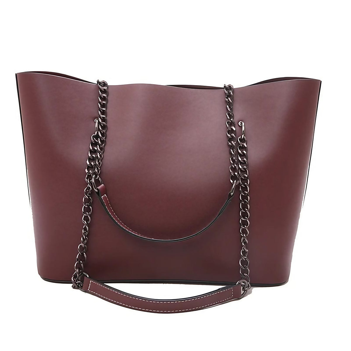 Sac cabas femme en similicuir, bandoulière à chaîne, zippé, rouge foncé