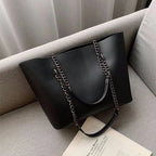 Sac cabas femme en similicuir, bandoulière à chaîne, zippé, noir