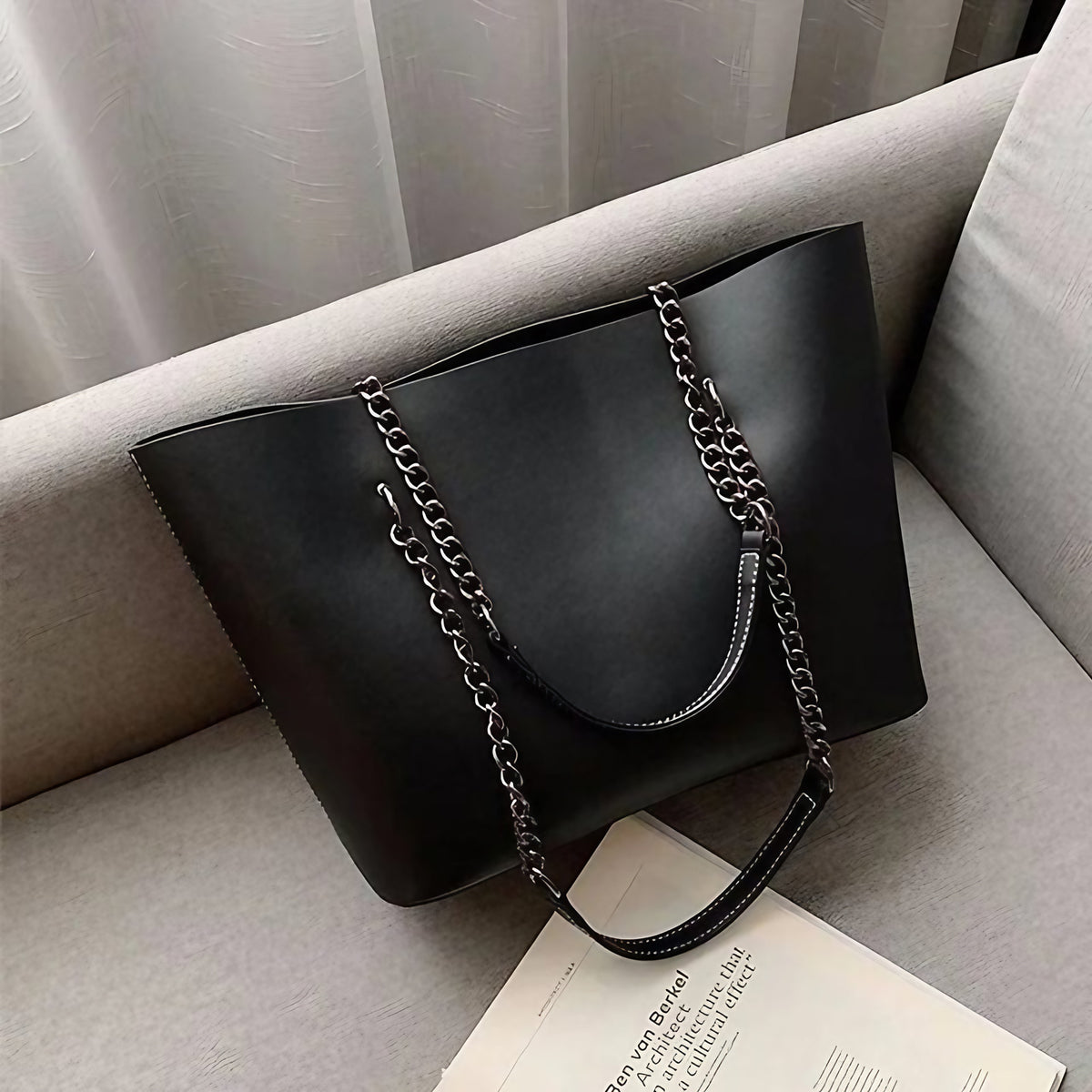 Sac cabas femme en similicuir, bandoulière à chaîne, zippé, noir
