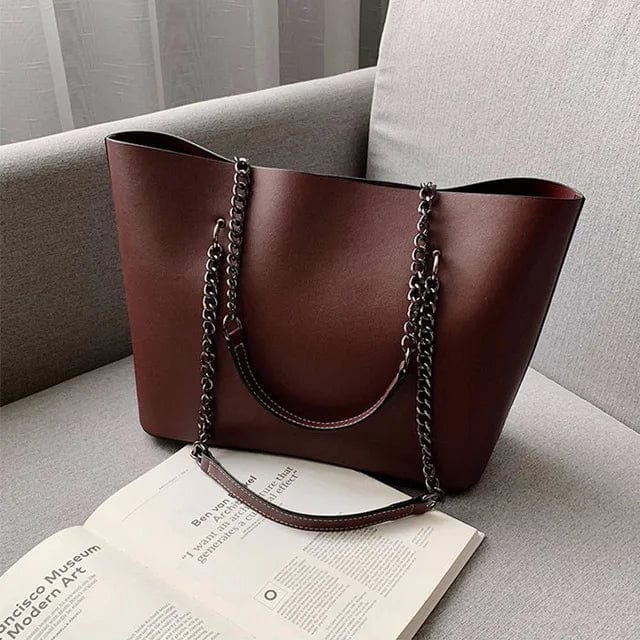 Sac cabas femme en similicuir, bandoulière à chaîne, zippé