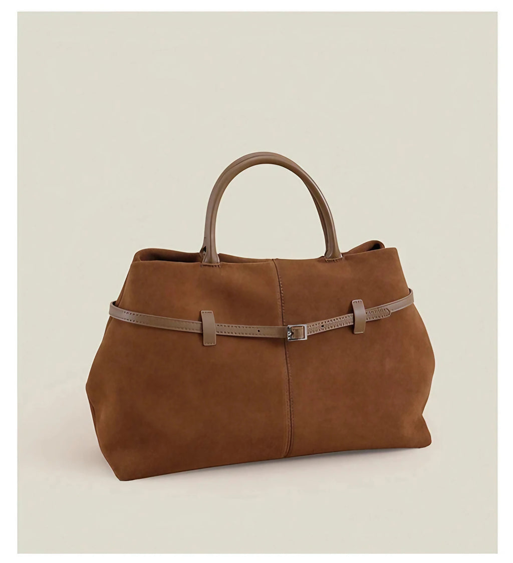 Sac cabas femme en daim modulable, bandoulière amovible, camel