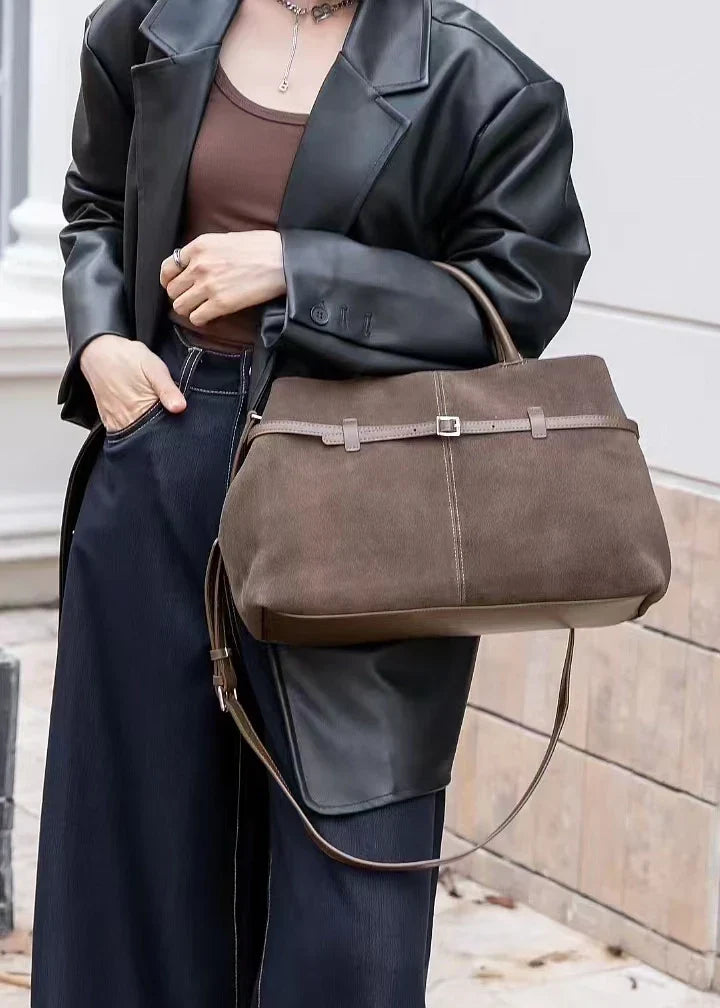 Sac cabas femme en daim modulable, bandoulière amovible, gris