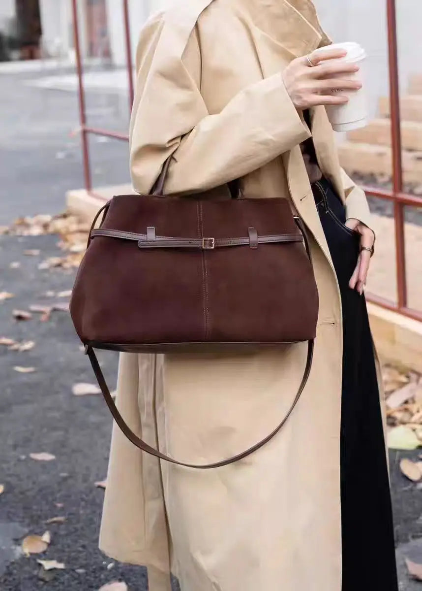 Sac cabas femme en daim modulable, bandoulière amovible, café