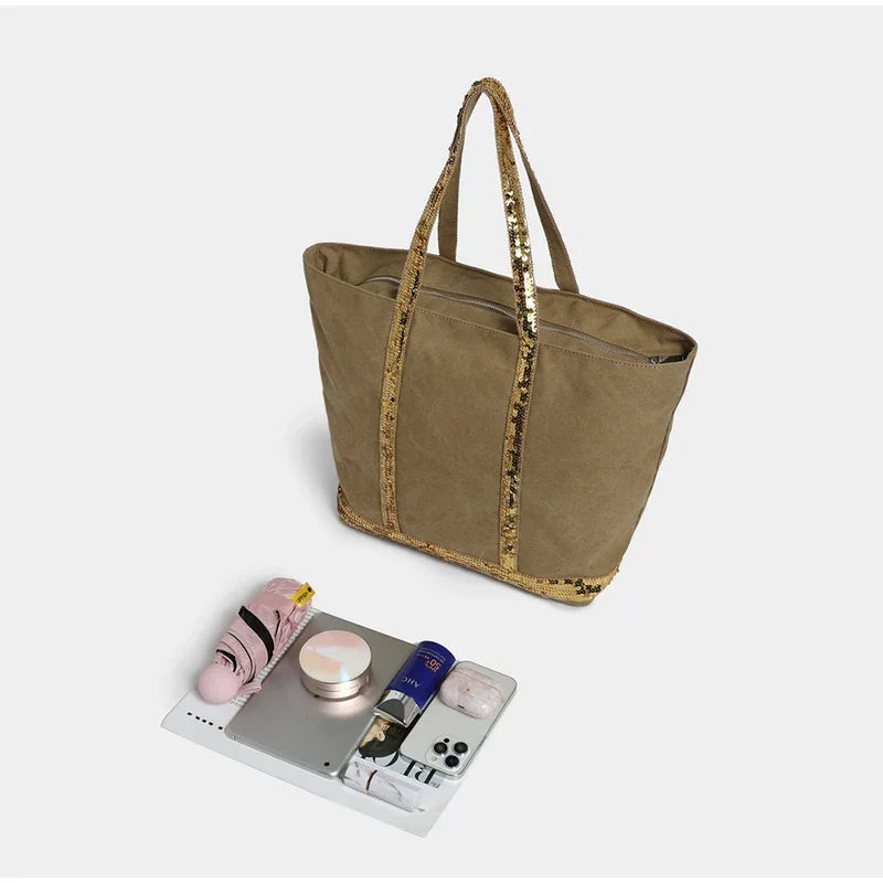 Sac cabas femme à paillettes, fermeture éclair, porté épaule