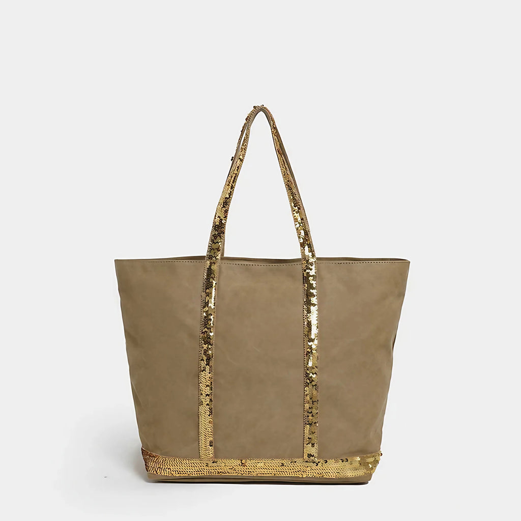 Sac cabas femme à paillettes, fermeture éclair, porté épaule, marron clair