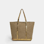 Sac cabas femme à paillettes, fermeture éclair, porté épaule, marron clair