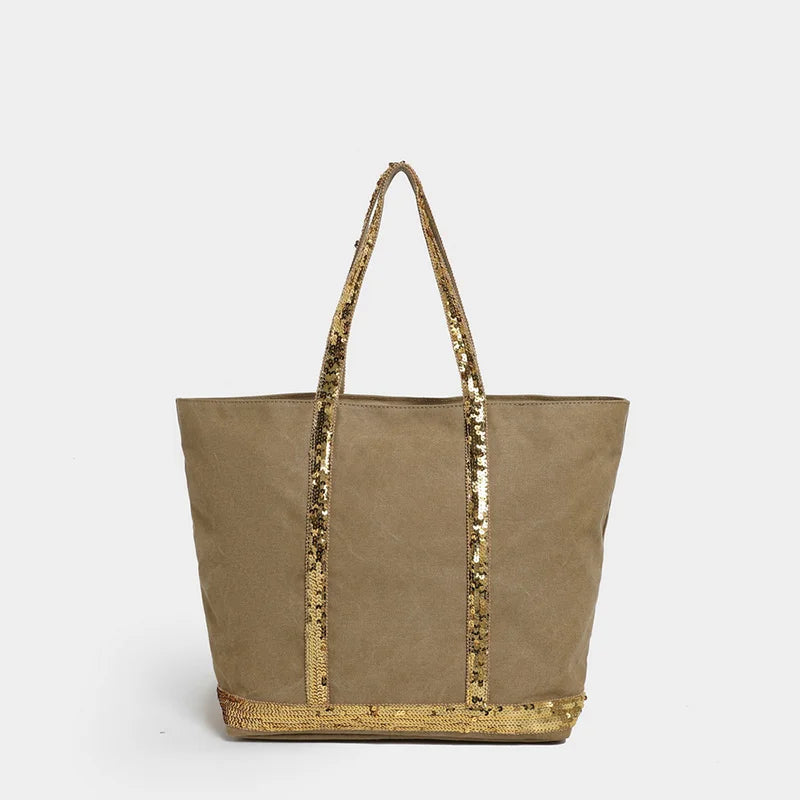 Sac cabas femme à paillettes, fermeture éclair, porté épaule, marron clair