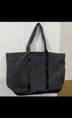 Sac cabas femme à paillettes, fermeture éclair, porté épaule, anthracite à paillettes noires