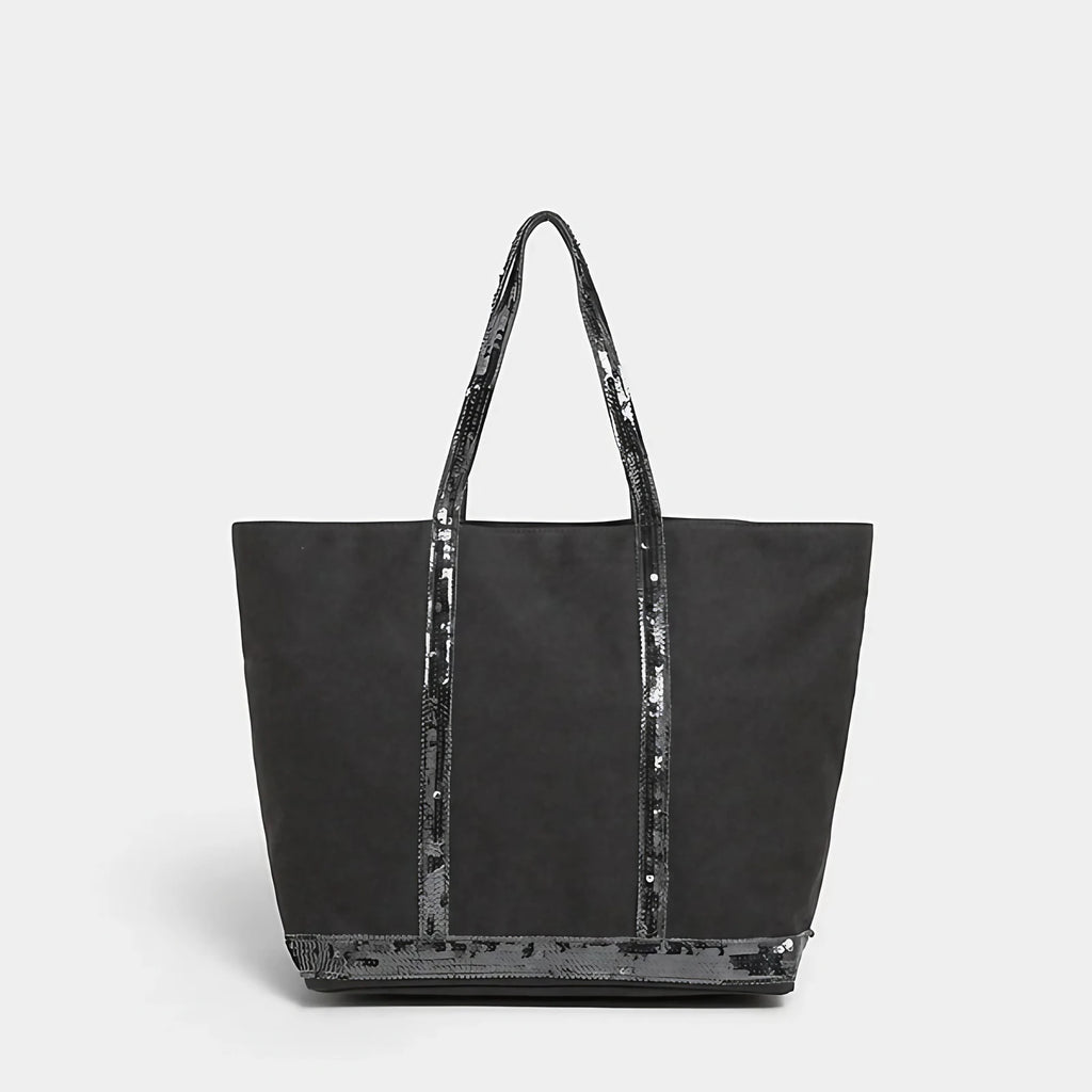 Sac cabas femme à paillettes, fermeture éclair, porté épaule, gris à paillettes grises